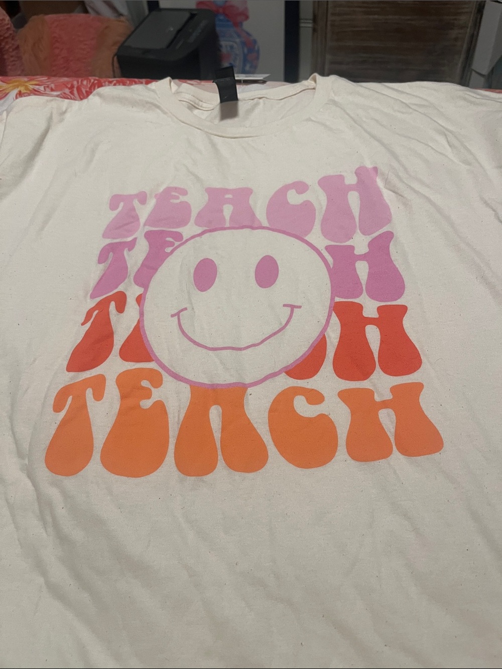 Graphic Tee with Pink & Orange Smiley Design